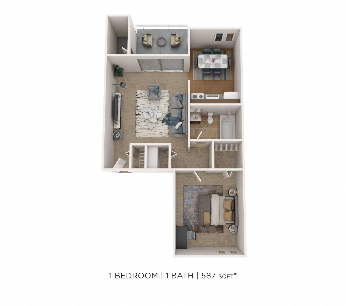 Floor plan for 1 bed, 1 bath, 587 sqft